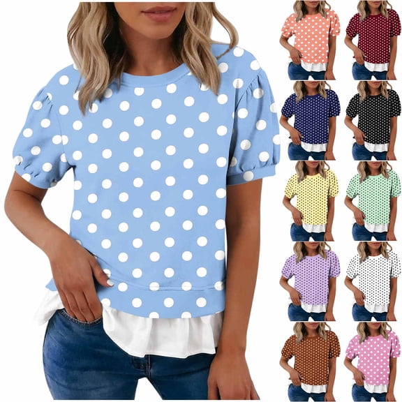 WAGUTH Women's Polka Dot Print Tops Crew Neck Puff Short Sleeve Casual Blouses with Ruffle Hem for Daily Wear,Sky Blue,S