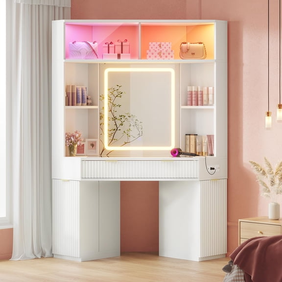 Afuhokles Fluted Corner Vanity with LED Lights, Wood Luxury Makeup Vanity Desk with Mirror, Cabinets, Shelves, Drawers, Charging Station, White