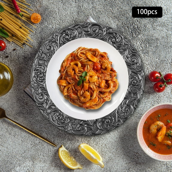 13 Inch Bulk Round Plastic Charger Plates, Embossed Rim & Floral Pattern Reusable Decorative Dinner Plates for Wedding, Party, Table Setting, Event Decorations and More (100, Black)