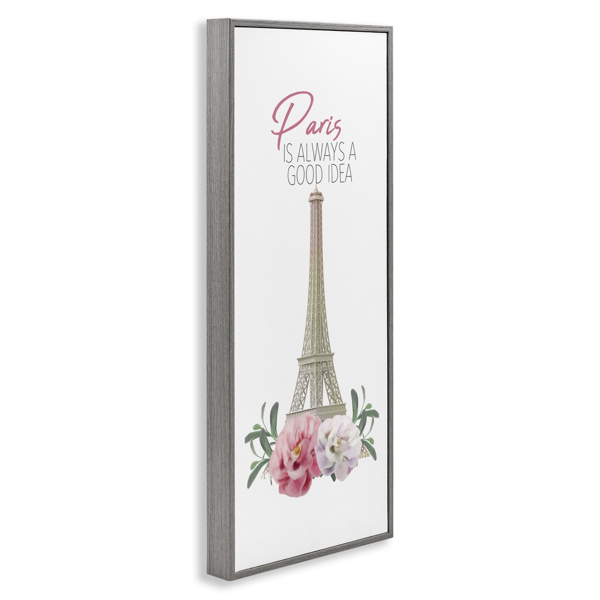 Stupell Industries Paris Good Idea Phrase Eiffel Tower Botanical & Floral Painting Gray Framed Art Print Wall Art, 10 x 24