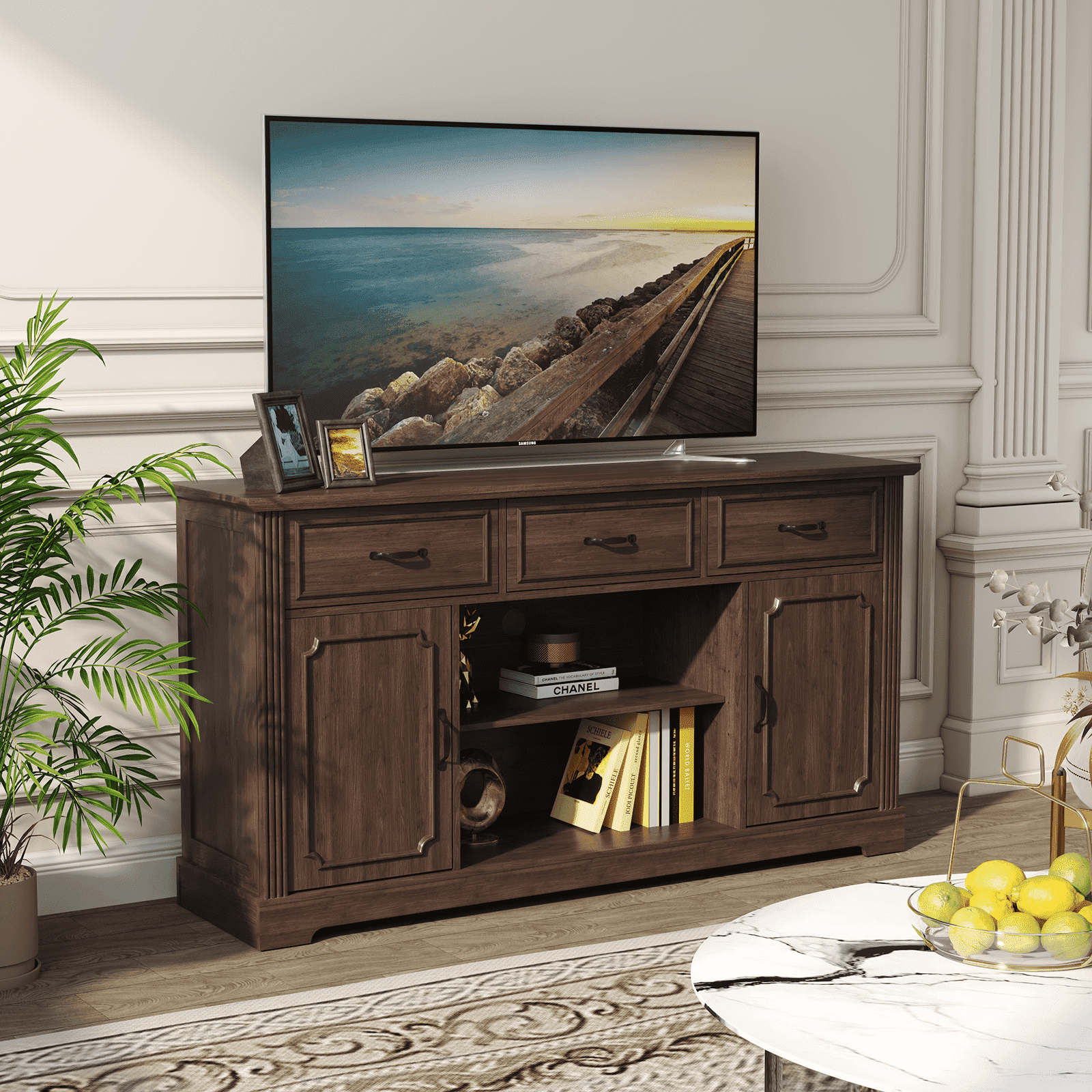 HLR Mid Century 60" TV Stand for TV up to 65", Entertainment Center with Drawers Storage for Living Room, Brown