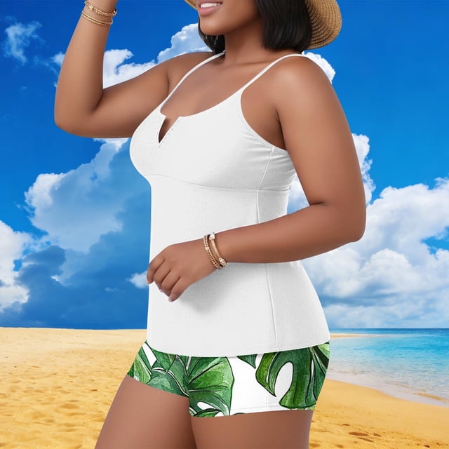 Trajes de baño Amzcrzy Tankini para mujer traje de baño bikini para mujer talla grande informal color sólido camiseta sin mangas dividida con cojín en el pecho conjunto de traje de baño blanco XL