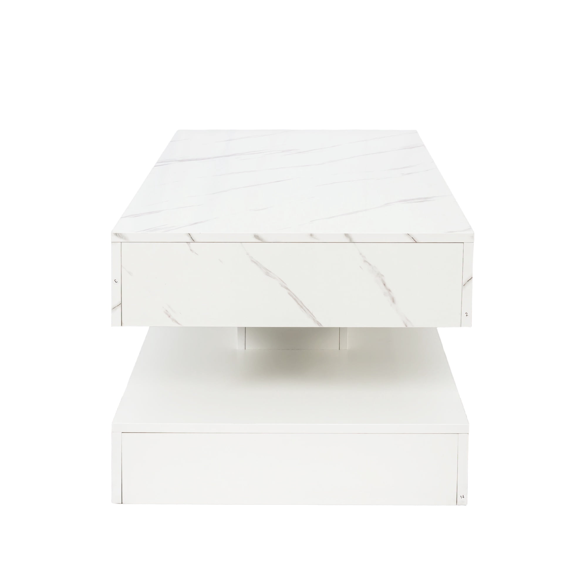PAPROOS LED White Coffee Table 39" with 2 Drawers & Open Shelf – Modern High Gloss Center Table with Storage, Large Rectangle Living Room Coffee Table with Marble Print