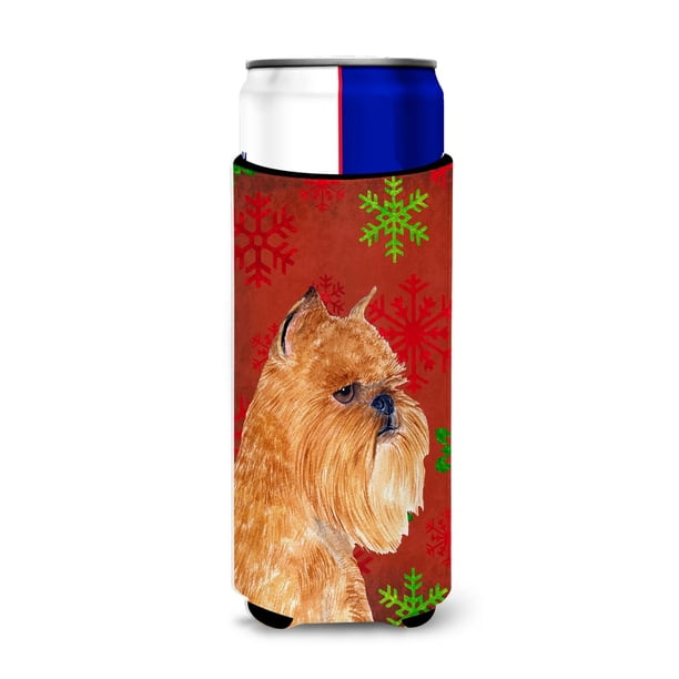 Caroline'S Treasures Ss4701Muk Grifón De Bruselas Copos De Nieve Rojos Y Verdes Vacaciones Navidad Ultra Hugger Para Latas Delgadas Funda Enfriadora De Latas Hugger Lavable A Máquina Funda Para Bebida