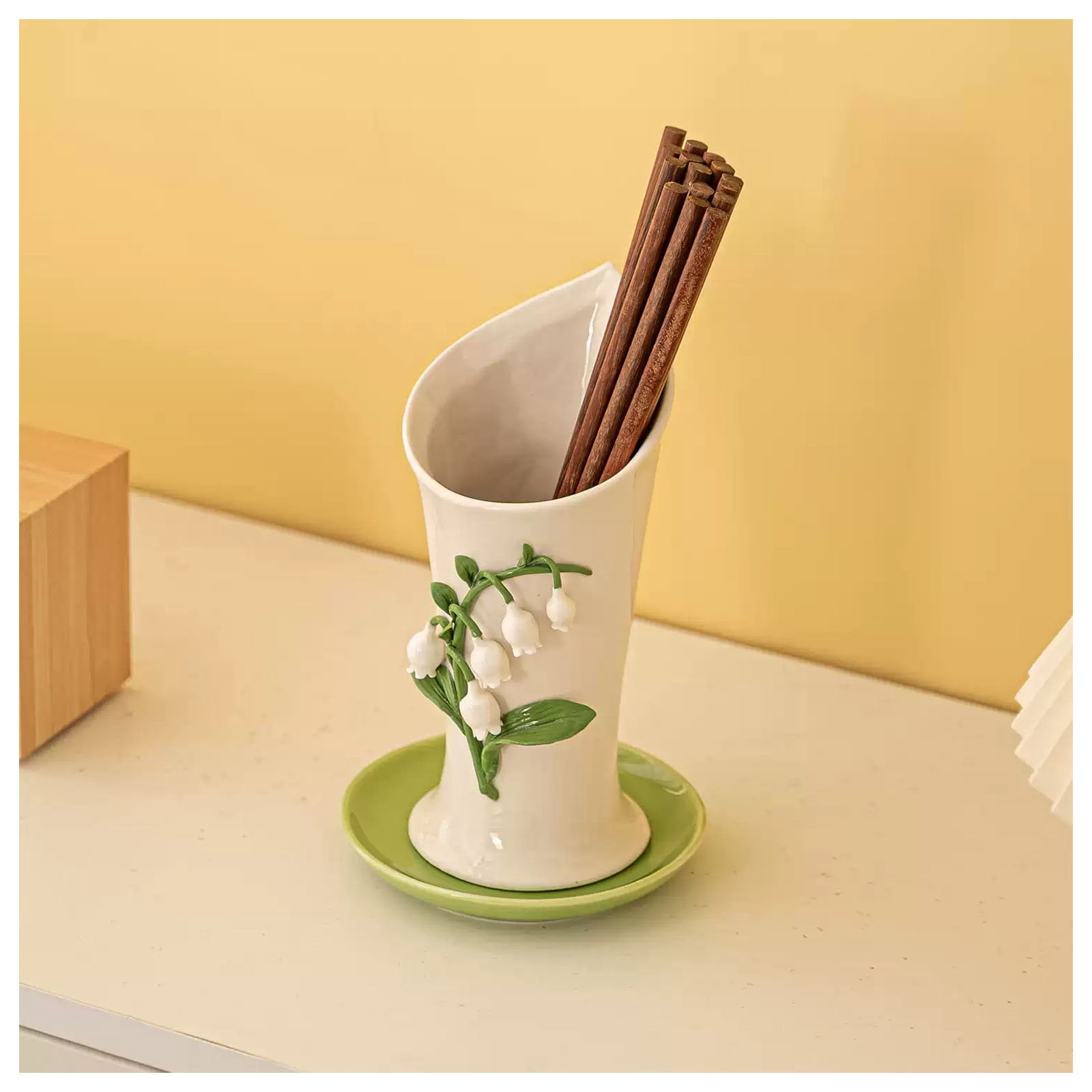 Japanese Drain Rack, Ceramic Cutlery Drainer with Water Tray, Ceramic Utensil Storage Rack for Chopsticks, Spoon Rack