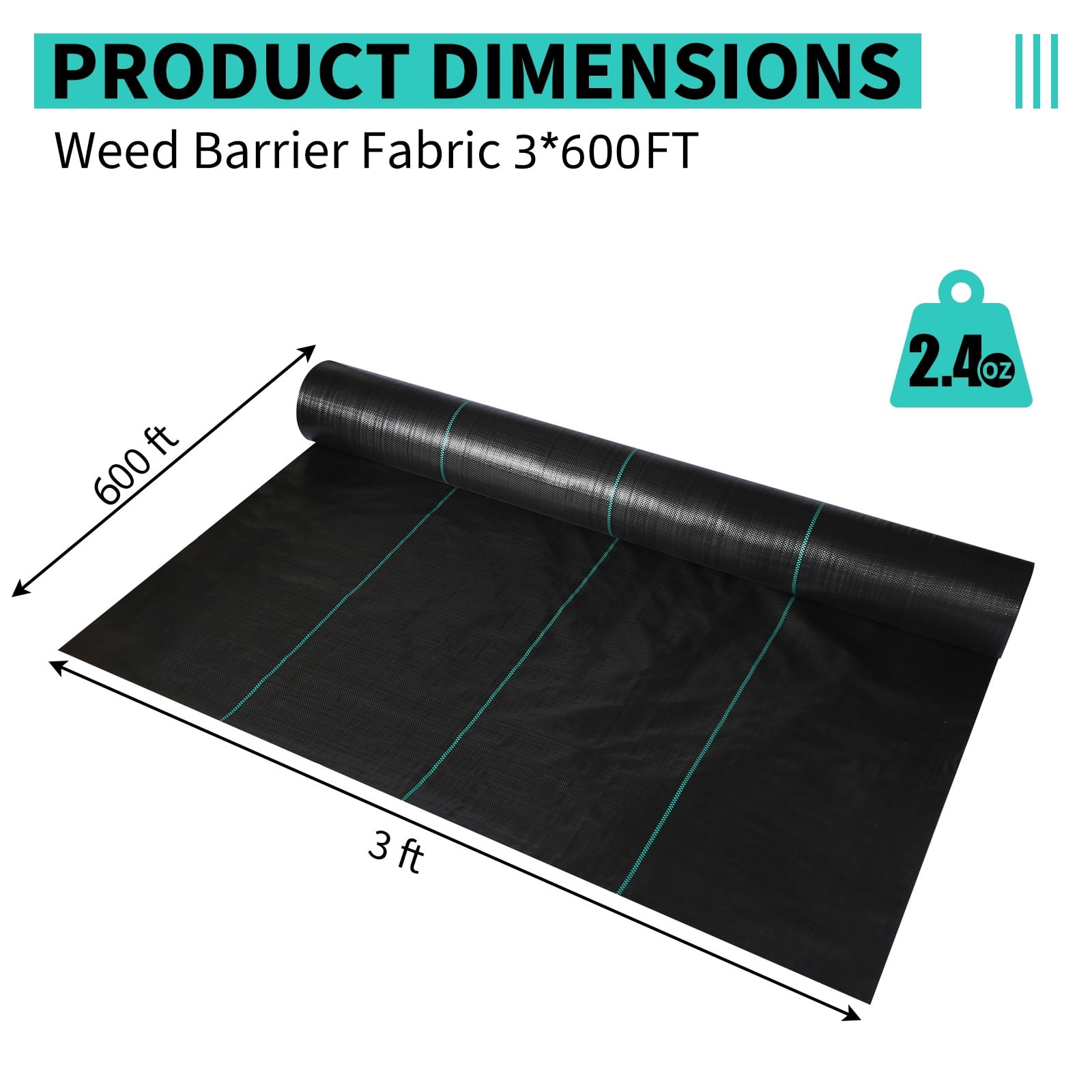 3x600 FT Weed Barrier Landscape Fabric, Heavy Duty Weed Block Fabric, Weather-Proof Ground Cover, Easy Setup Woven Driveway Garden Cloth for Greenhouse, Yard, Flower Bed, 2.4oz