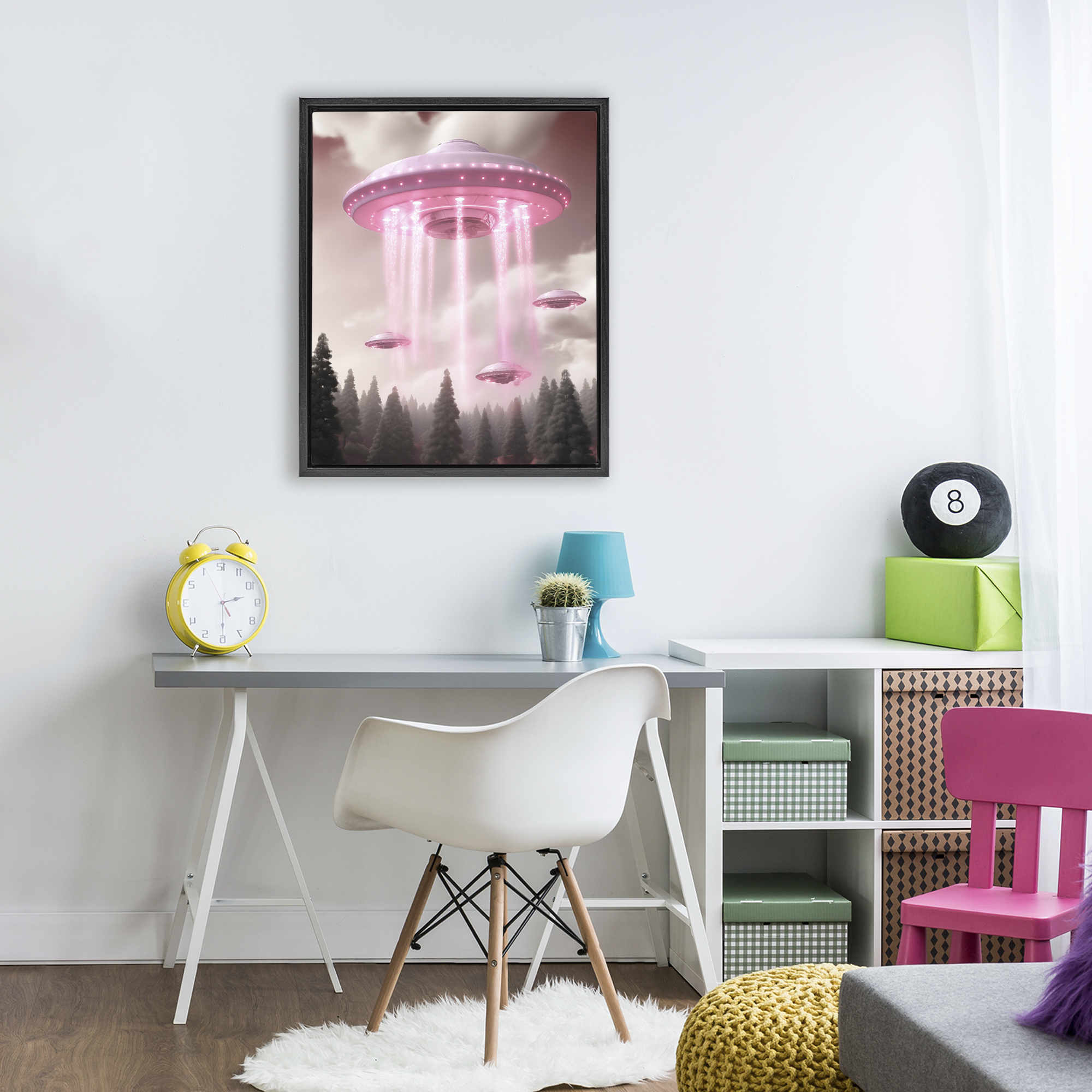 Glam UFO with Pink Beams Black Framed Floater Canvas Wall Art, design by Sasha