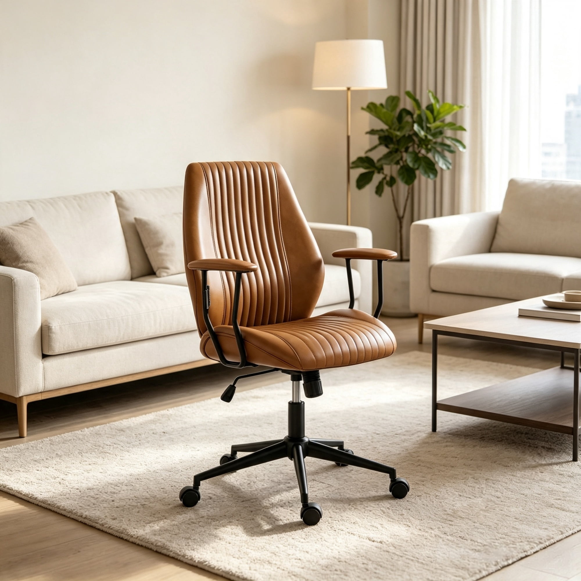 Vintage Leather Office Desk Chair, Padded Arms, 360° Swivel & Adjustable Height, Brown