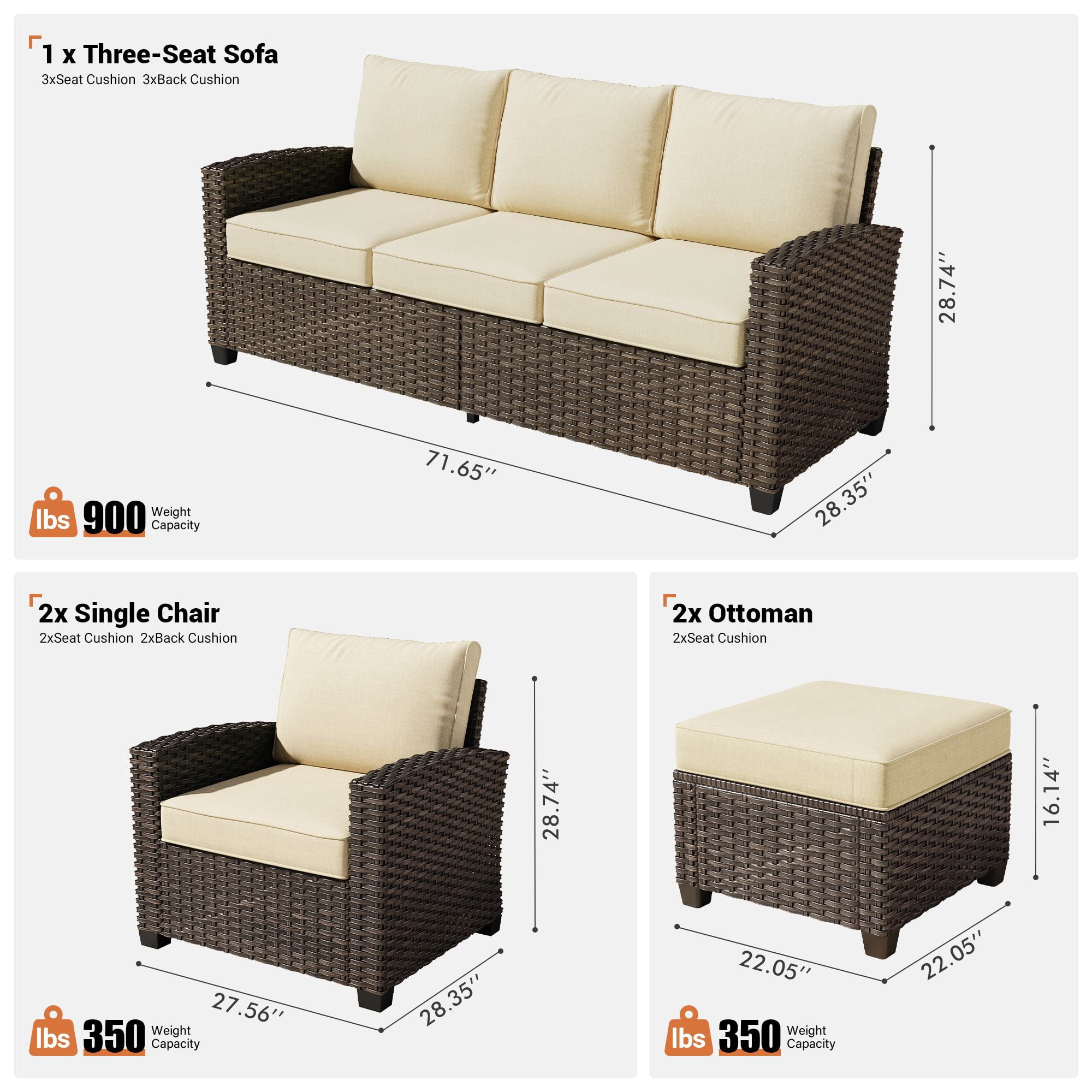 Ovios 5 Pieces Outdoor Patio Furniture Set Wicker Rattan Outside Conversation Sectional Sofa for Backyard
