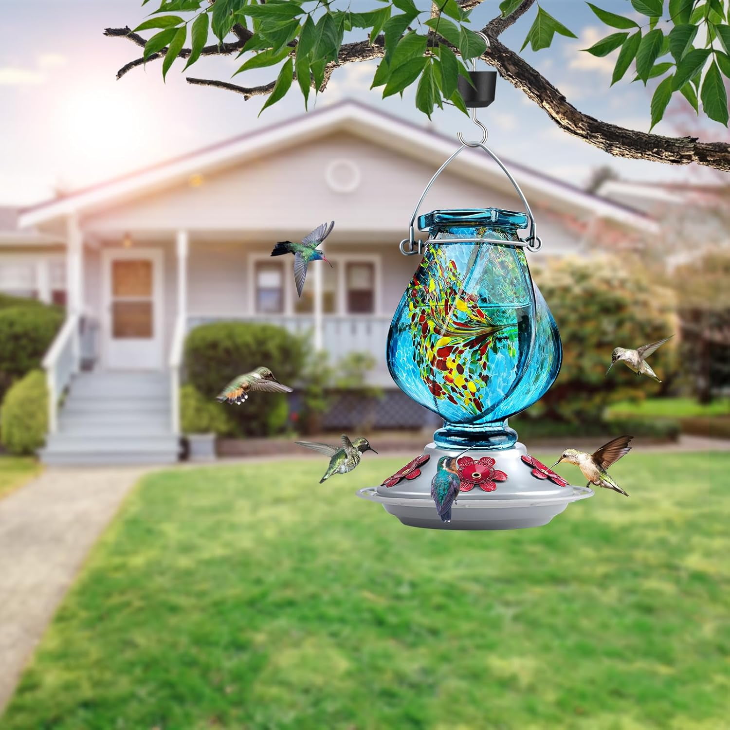 Hummingbird Feeder, Hand Blown Glass Hummingbird Feeders for Outdoors Hanging with Ant Moat, 5 Bee-Proof Ports, Leak-Proof, 360° Perch, 22oz, Blue, Gifts for Women Men, Gifts for Mom Dad
