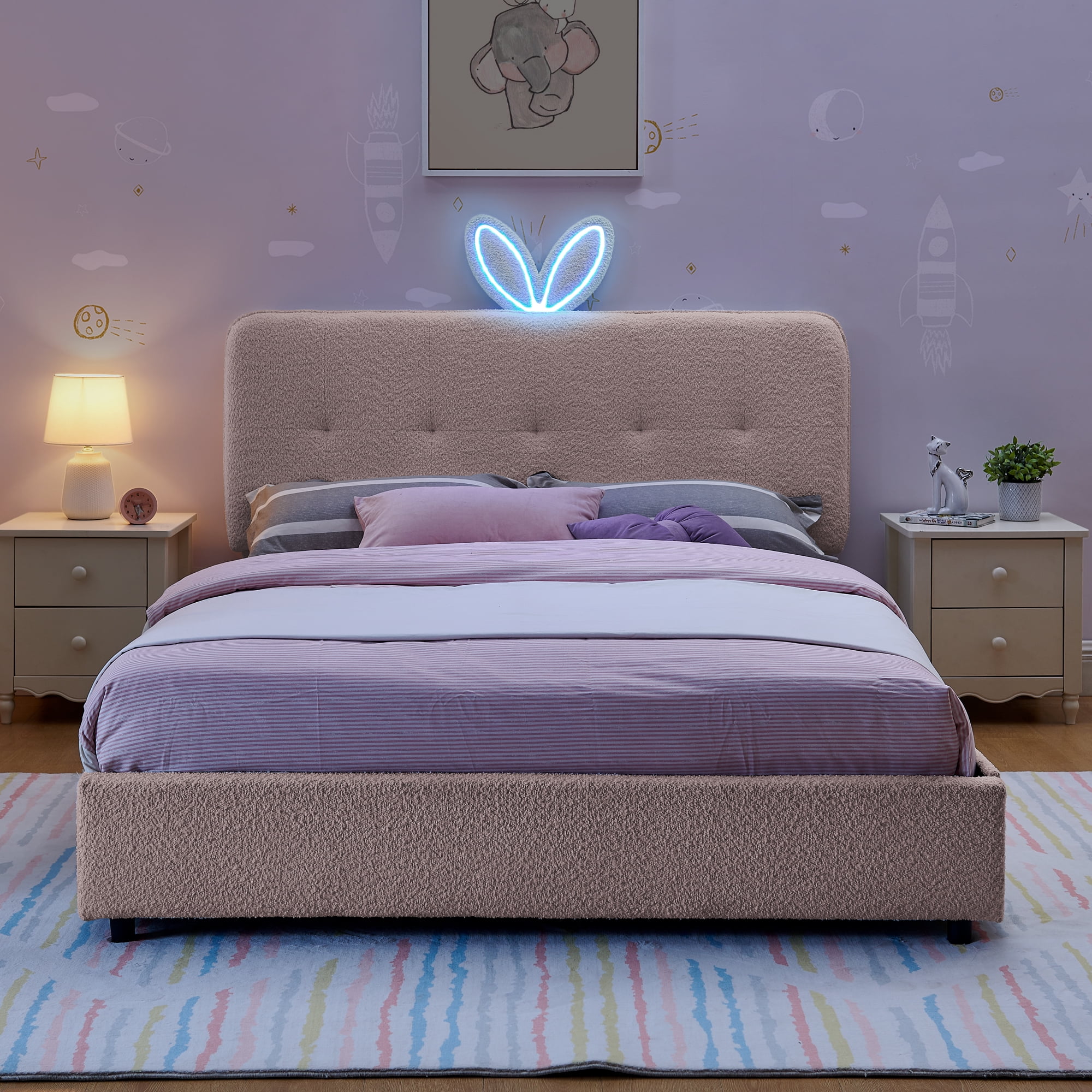 Full Size Kids Bed with LED Lights and 4 Storage Drawers, Upholstered Boucle Bed Frame with Oversized Rabbit Ear Headboard, Platform Bed for Kids Bedroom, Pink