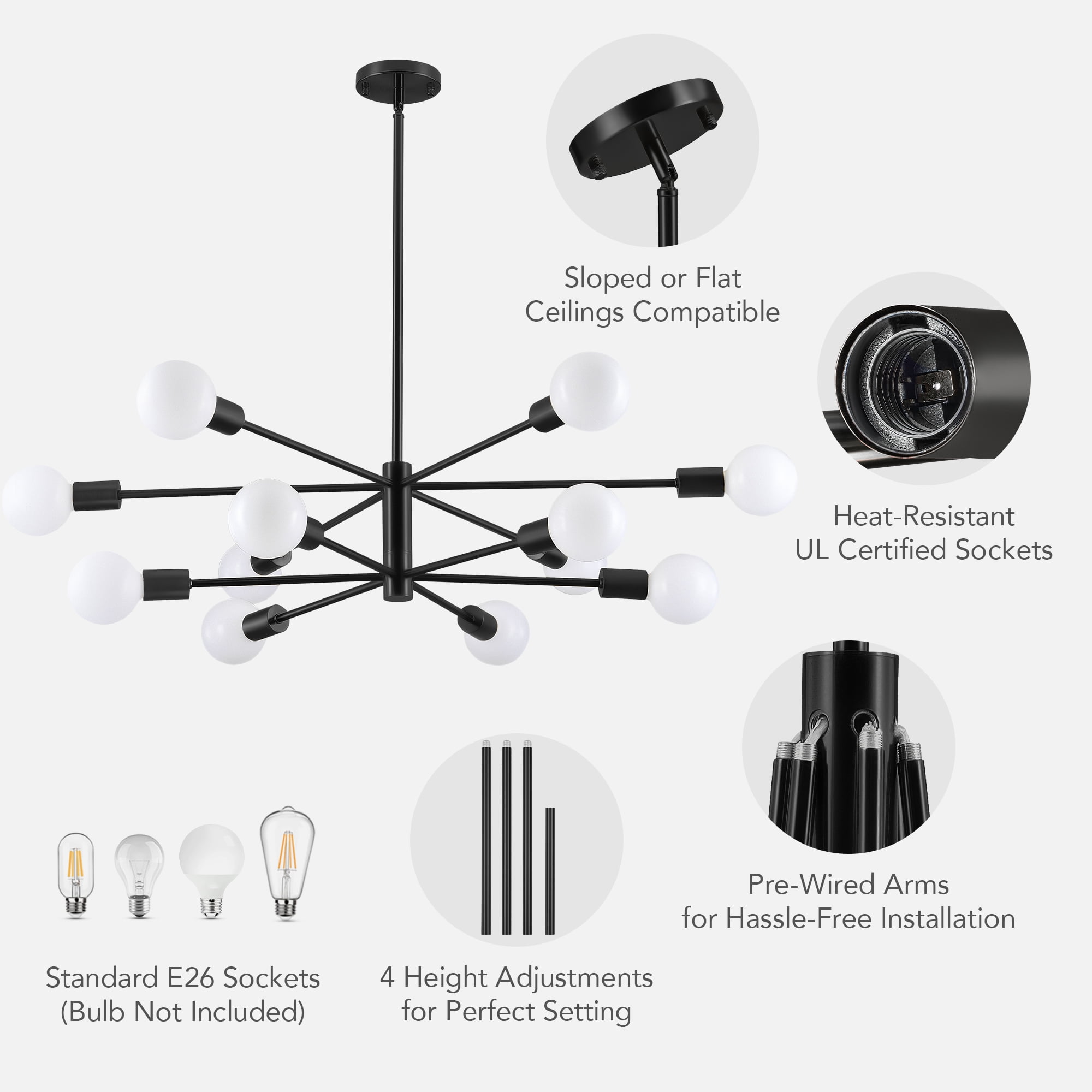 Bestco 12-Light Modern Sputnik Chandelier for Dining Room with 4 Extension Rods Black