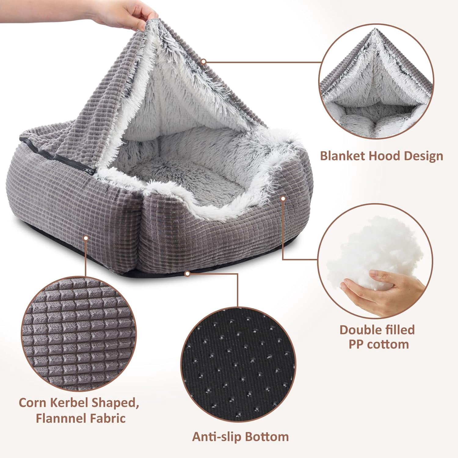 Luxury Orthopedic Dog Bed With Blanket Hood Grey 25 Inches Soft Faux Fabric