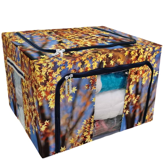 PKQWTM Autumn Maple Leaves Fall Prime Storage Bag Clear Window Storage Bins Boxes Large Capacity Foldable Stackable Organizer With Steel Metal Frame For Bedding,Clothes,Closets, Bedrooms