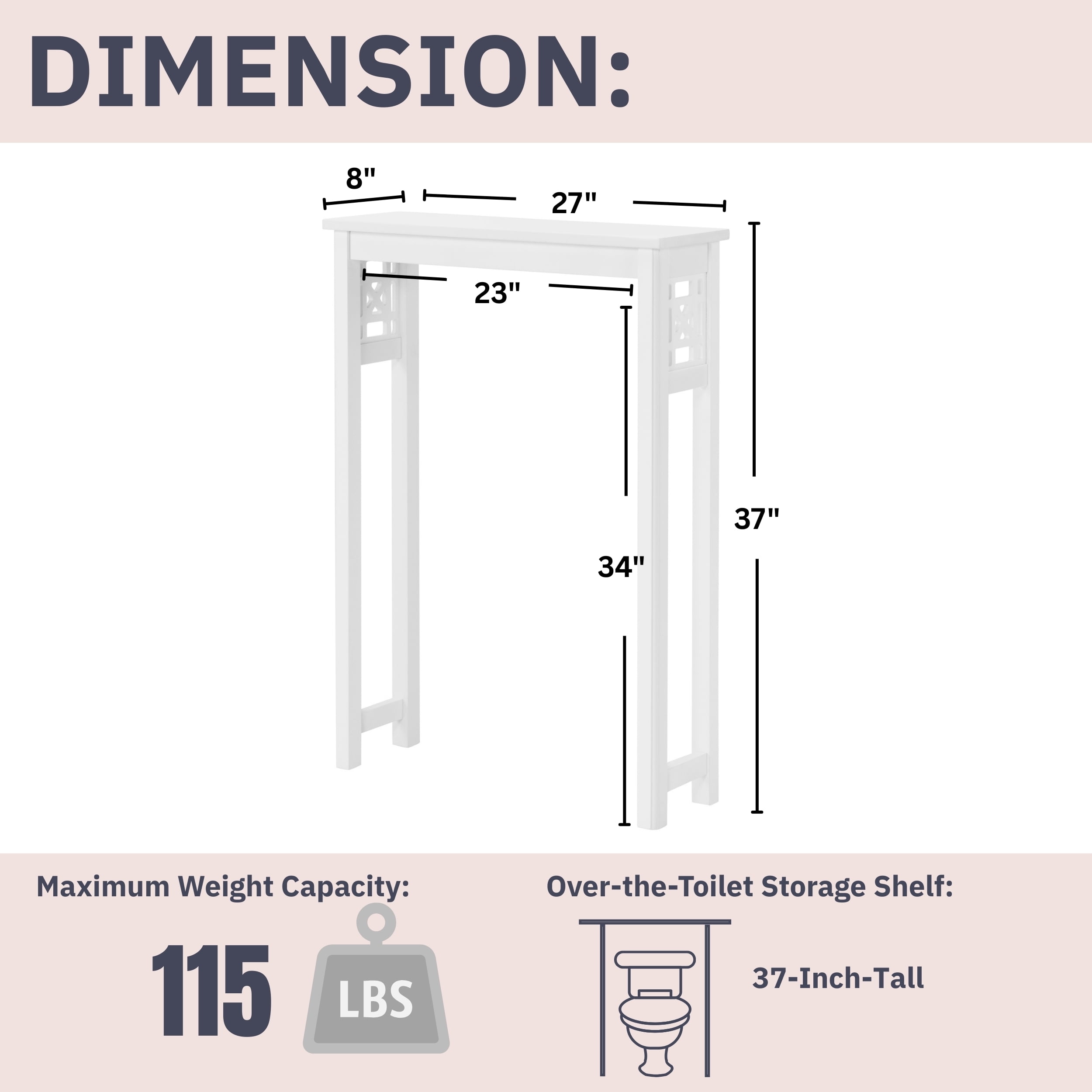 Alaterre Furniture Derby Over Toilet Storage Shelf, 27 in. W x 37 in. H, White, Space-Saving Bathroom Organizer with Fixed Shelf and Open Gridwork Design