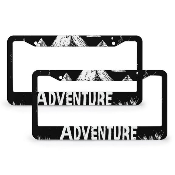 License Plate Frames Adventure Awaits Auto Car Accessories Tag 2 PCS Camping Quality Aluminum Metal License Plate Frame Funny Cute for USA Canada Vehicles 6x12in