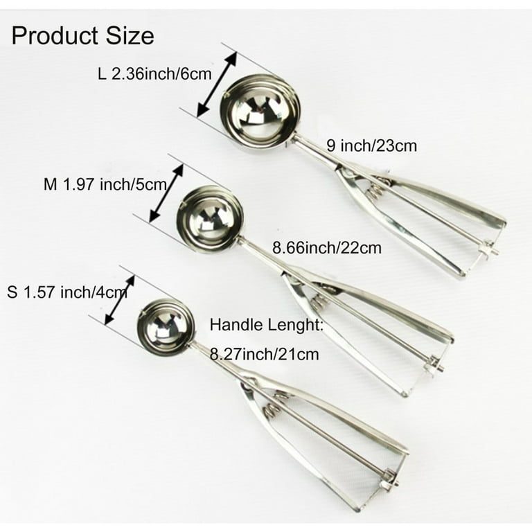 Stainless Steel , Polished, 3 Pieces Different Sizes Small 4cm, Medium 5cm  Large 6cm Ice Cream Spoon With Ejector, R