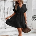 thumbnail image 6 of Efsteb A Line Dresses for Women Spring V-Neck Solid Color Loose Plus Size Ruched Beach Vacation Dress Elegant Dress Fashion Short Sleeve ,Size:S, 6 of 8