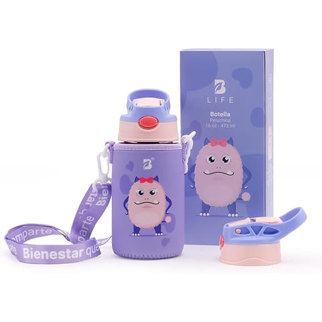 Botella de Agua para Niños 473ml Peluchina | Con Funda, 2 Tapas, 2 Popotes y Cepillo | Libre de BPA | B Life