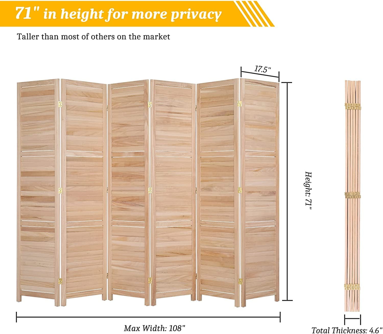 Bonnlo Wood Room Divider Privacy Screen, 5.9 Ft Tall Folding Partition Wall Divider, Freestanding Space Separator