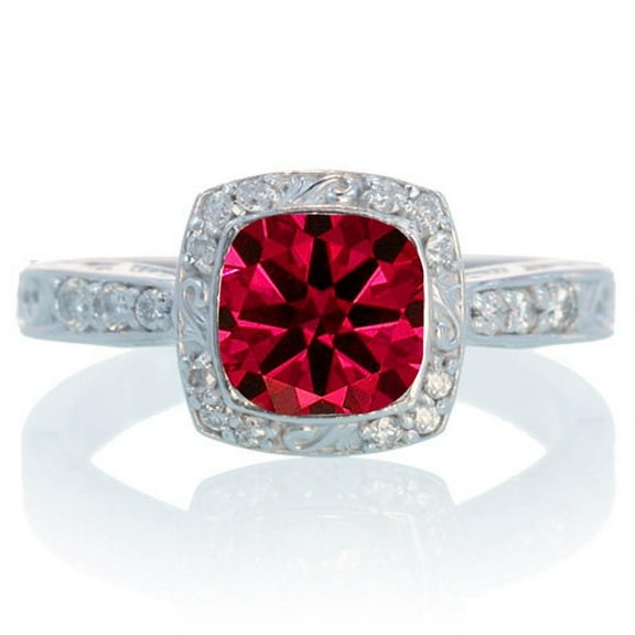 2.05 Carat 7mm Cushion Cut Vintage Ruby And Moissanite Diamond Halo Wedding Ring on 10k White Gold