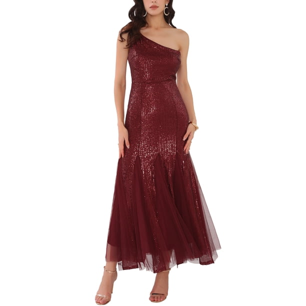 INSPIRE CHIC Vestido de cóctel de lentejuelas para mujer Maxi de un hombro sirena para prom y bodas en color burdeos