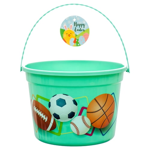 New 380228 He Easter Bucket Plastic W / Sports Ball Print Green Color