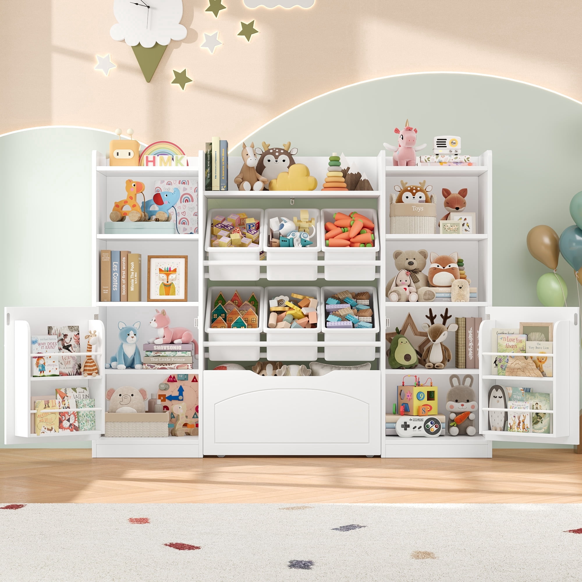 Hiphuta Large Toy Organizer with Bookshelf, 4 Shelves and 8 Cube