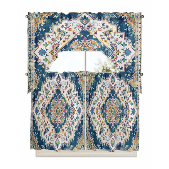Navy Blue Yellow Kitchen Curtains Swag Valance and Tier Curtains Set 36 Inch Length, Boho Southwestern Ethnic Mexican Flowers Rod Pocket Drape Panels Pair Swag Curtains for Bathroom/Cafe/Window