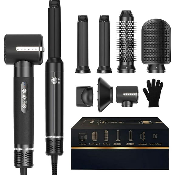 7-in-1 Hair Dryer Brush Set with Diffuser & Concentrator - Professional Ionic Hot Air Styler with Auto-Wrap Curler for Straight, Wavy & Curly Hair, Includes Storage Case