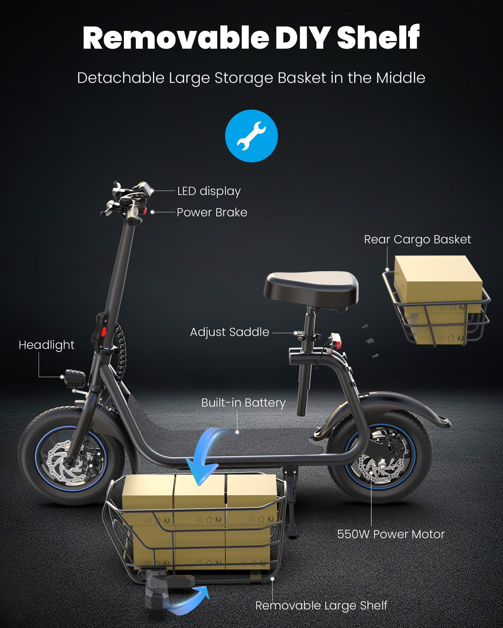 Kistp 550W Electric Scooter with Seat for Adult, 12 inch Commuter Electric Scooter  with Front & Back Basket, Bigger Seat - up to 20 Miles 18.6MPH - image 5 of 9
