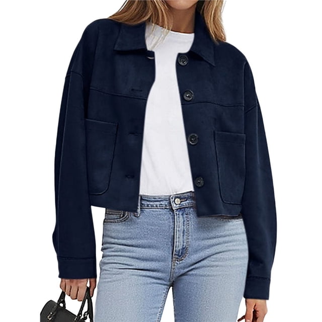 Chaqueta Corta de Ante Sintético para Mujer, Informal, Ligera, para Otoño e Invierno. Azul Marino L