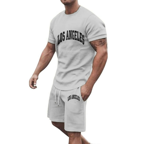 Conjunto de Sudadores de Hombres Impresión Casual Deportes de Manga Corta Cuello Redondo, Traje de Deporte de 2 Piezas con Pantalones de Corredores de Cintura Elástica