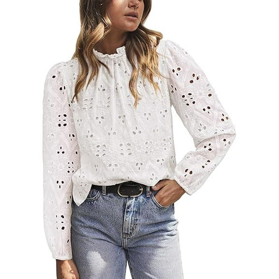 PRETTYGARDEN Womens Tops Dressy Casual 2025 Spring Long Sleeve Shirts Embroidered Eyelet Blouses Going Out Outfits