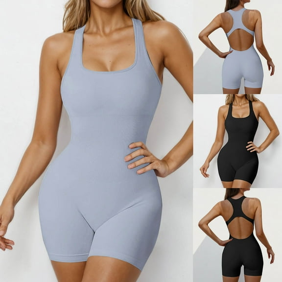 YangJinLian One Piece Shorts Jumpsuits for Women Elegant Bodycon Rompers Club Workout Yoga Short Bodysuit Gray