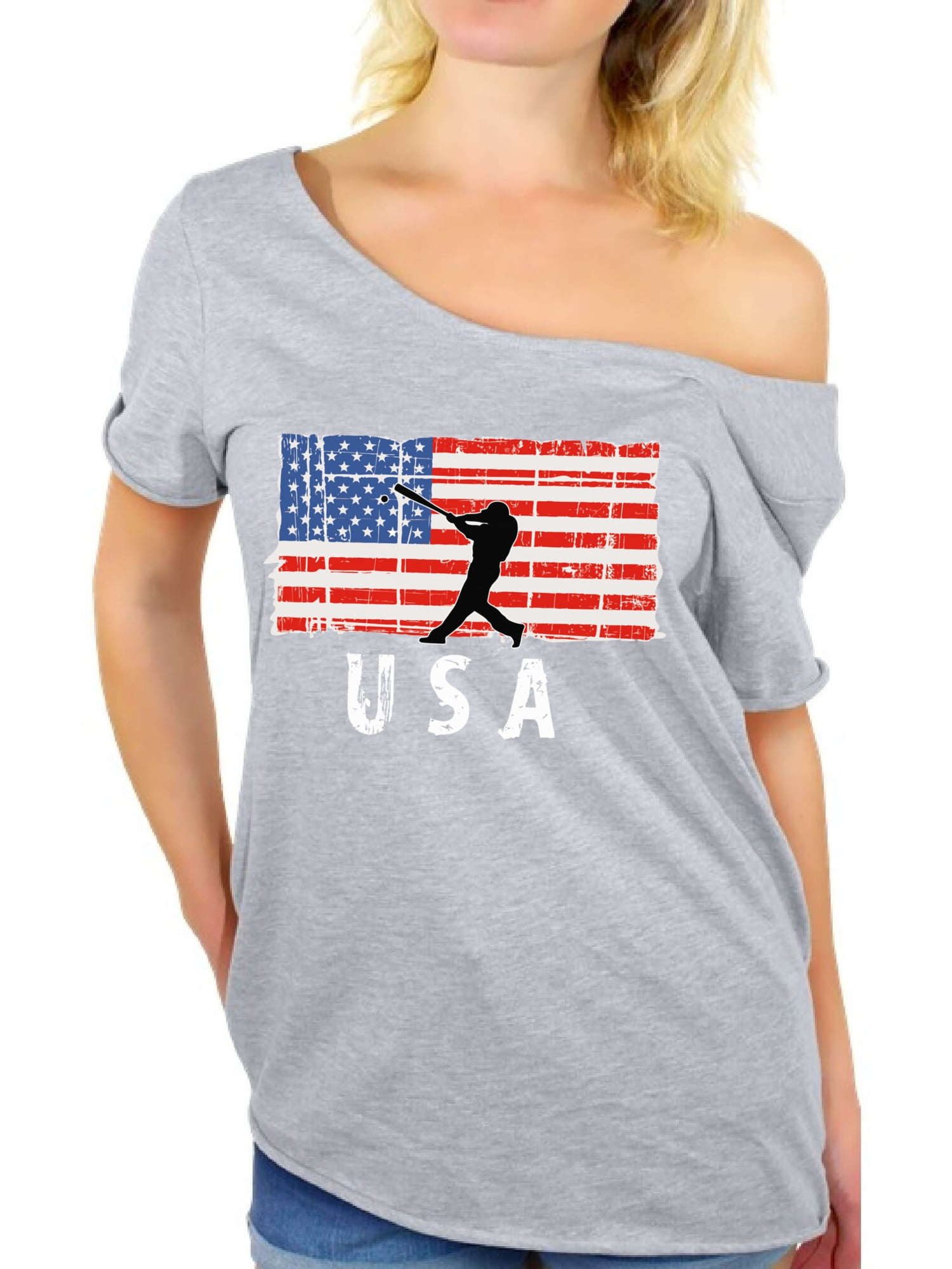 Off The Shoulder Top American Flag Patriotic Awkward Styles USA Shirts for Women 4th of July 