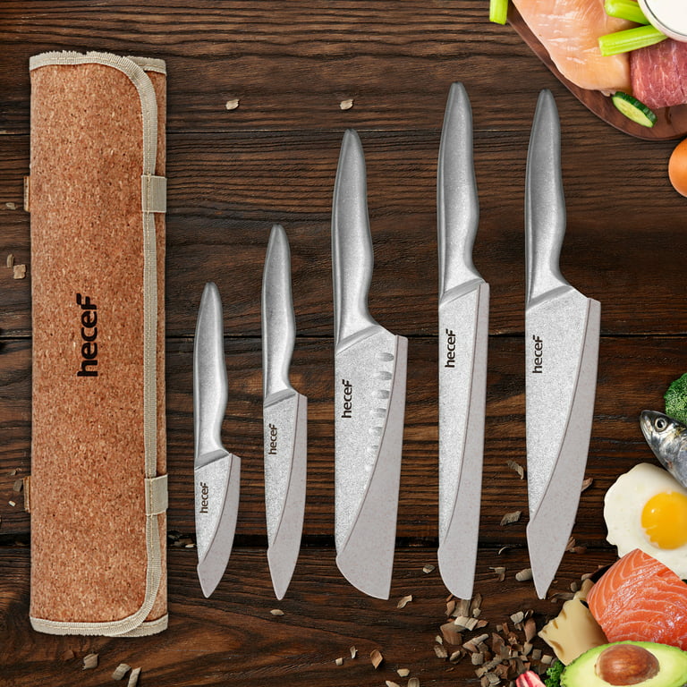 Hecef 11-Piece Kitchen Knife Set, Stonewashed Steel Ultra Sharp Japanese  Chef knives with Roll Bag and Sheaths 