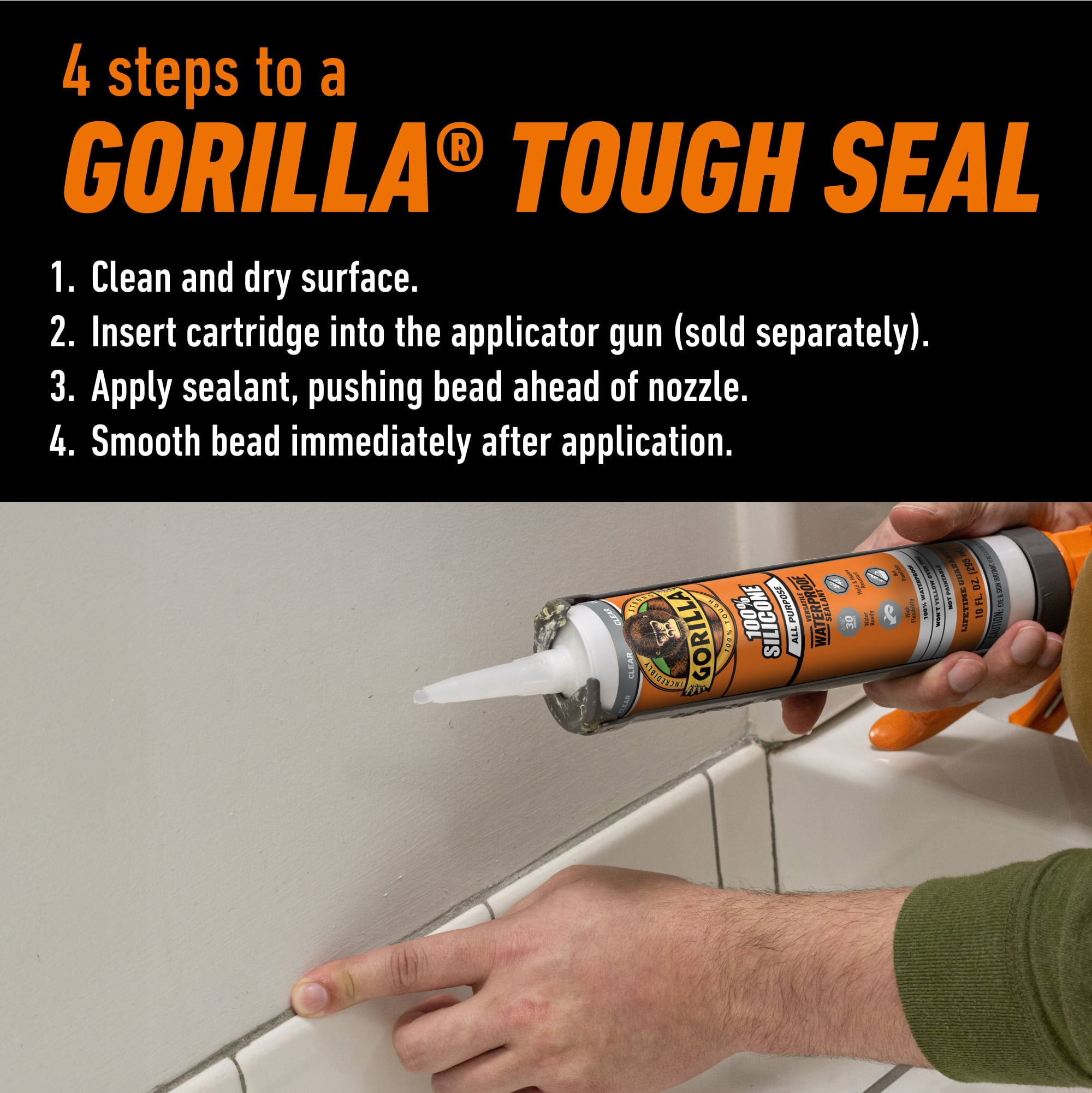 (2 pack) Gorilla Waterproof Caulk & Seal Silicone Sealant, 10oz Cartridge - Clear Caulking Sealant for Kitchen, Window, Bath, Marine, Door and More