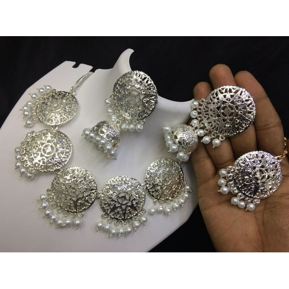 Silver-Tone Filigree Necklace & Jhumka Earrings Set with Pearl Beads – Traditional Indian Jewelry for Women