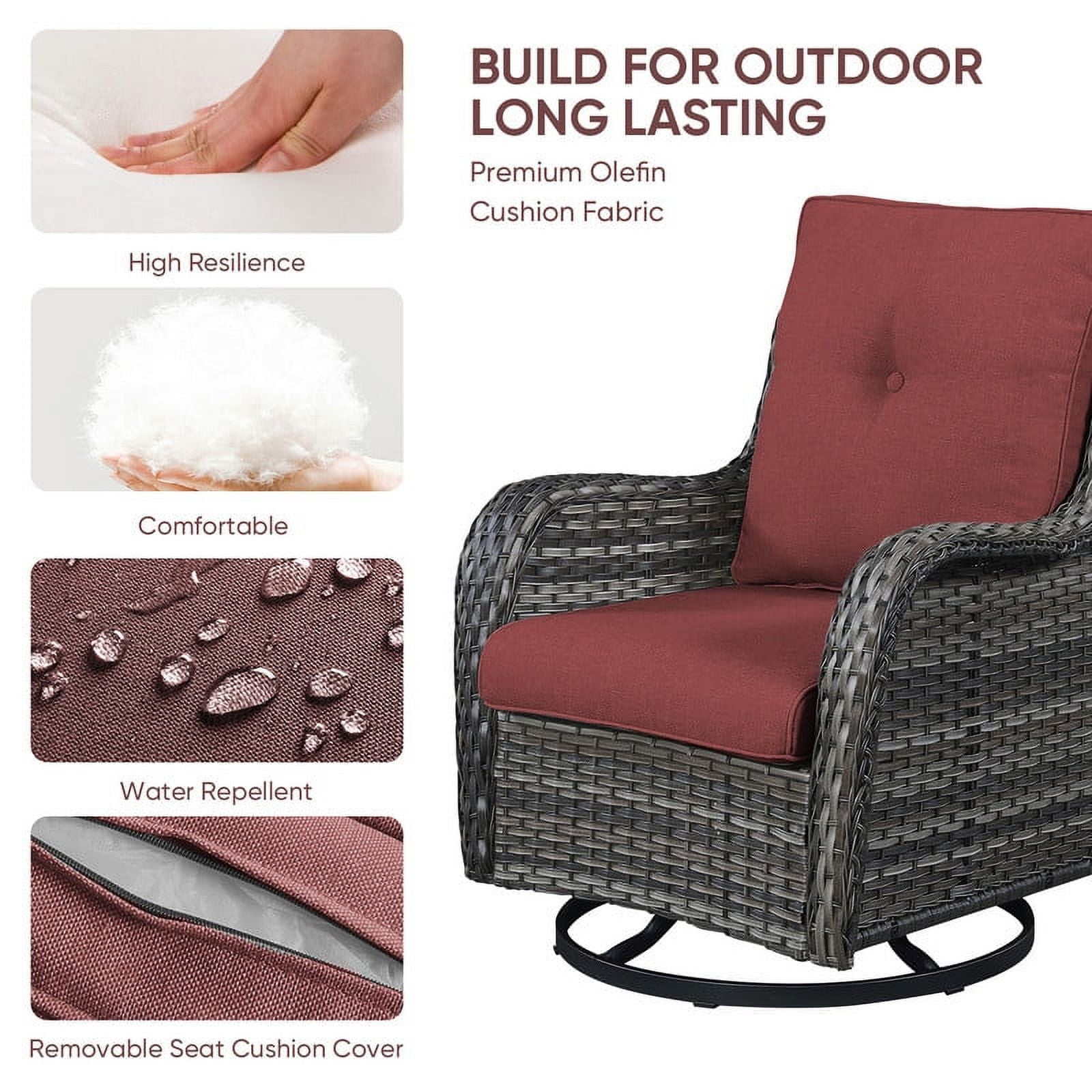 PARKWELL 3-Piece Outdoor Swivel Gliders with Thick Cushions and Side Table - Rattan Wicker Bistro Furniture Set - Gray Wicker and Red Cushion