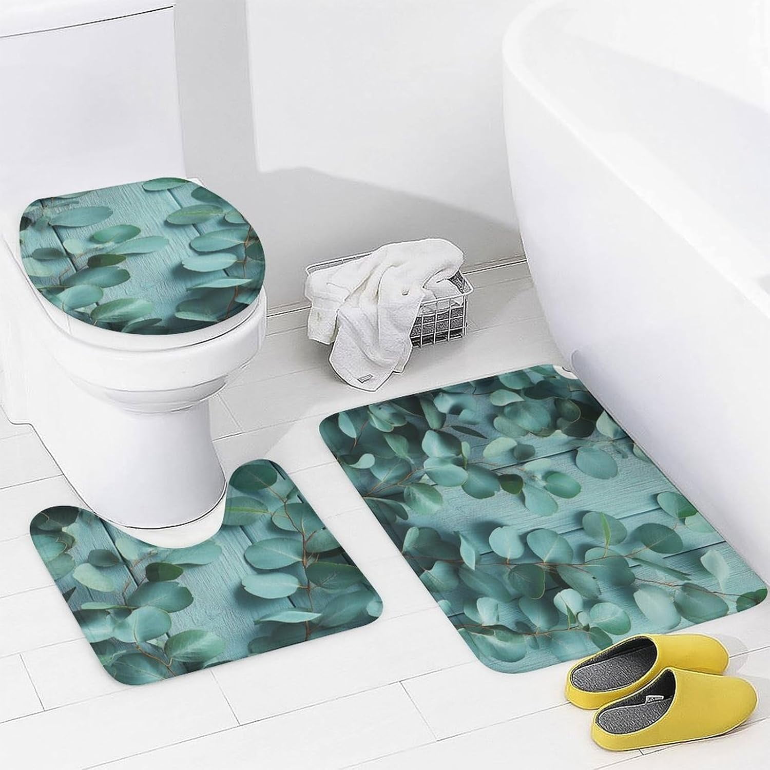 Bathroom Shower Curtain Sets with Rugs, Eucalyptus Leaves Pattern Printed on Bath Sets for Bathroom Accessories, Perfect for Bathroom Hotel Dorm Spa Home, 72 x 72 inches