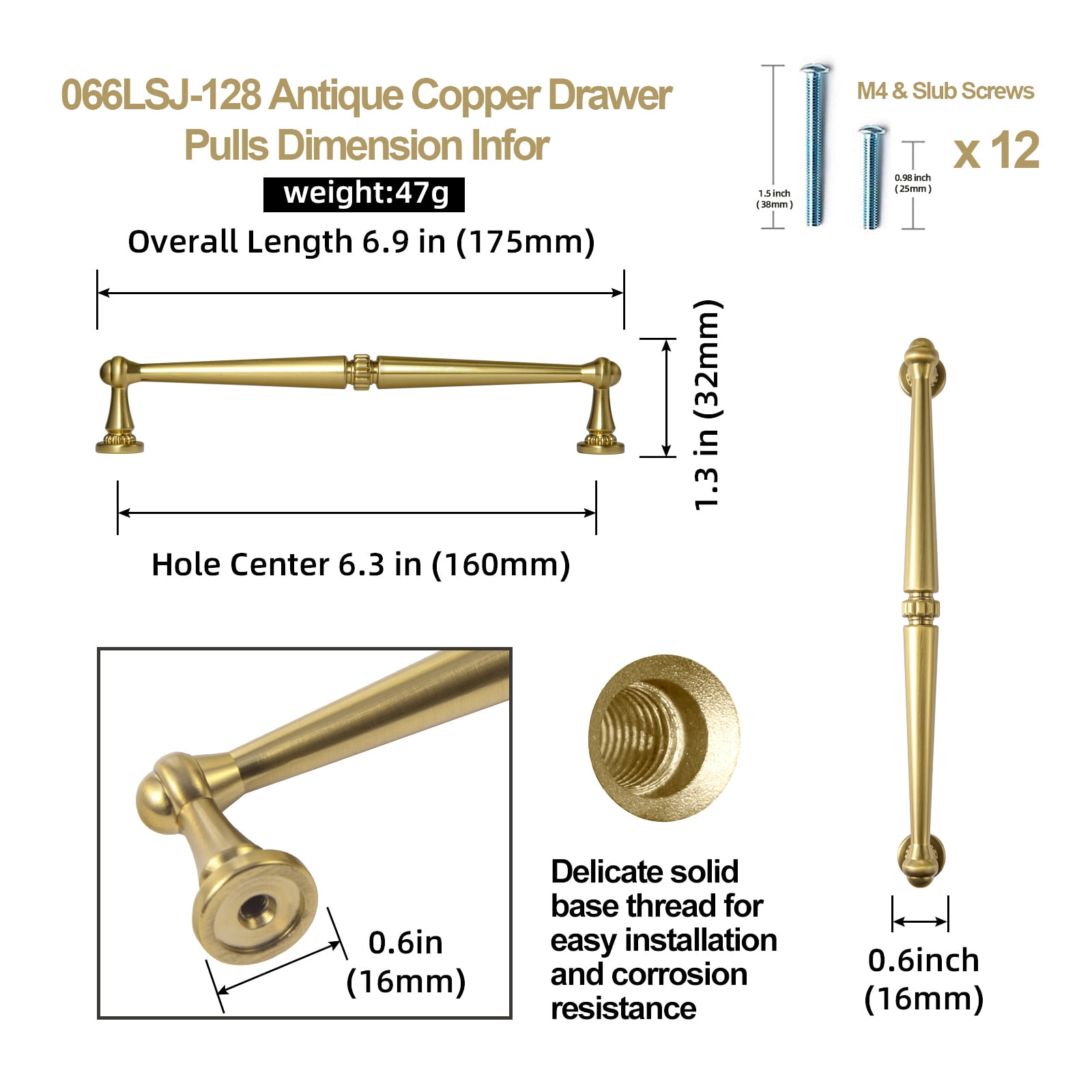 Goo-Ki 12 Pack 6.3''(192 MM) Hole Centers Brushed Gold Cabinet Pulls, Zinc Alloy Drawer Pulls Cabinet Handles for Dresser and Cupboard