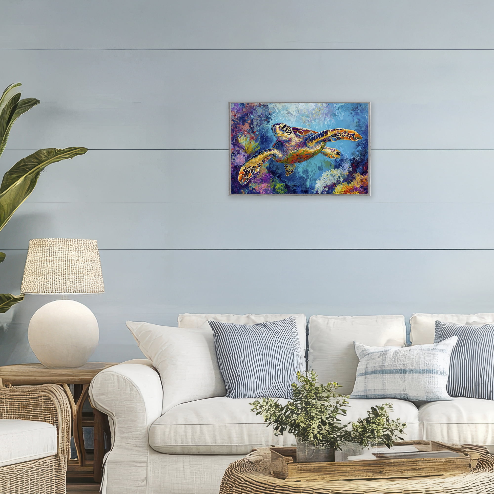 Stupell Industries Colorful Sea Turtle over Coral Gray Framed Giclee Art, design by Petal Prints Design