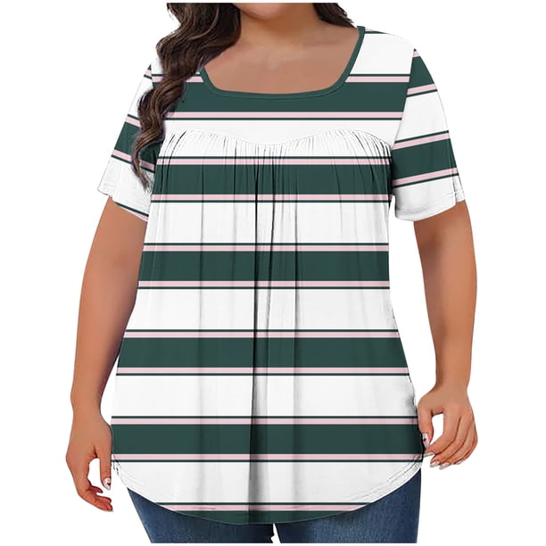 Tops Cortos para las Mujeres Impreso Cuello de Gran Tamaño Plisado Manga Corta Suelta Superior en Tamaños Más L-5xl