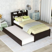 Twin Bed with Trundle and Bookcase Headboard, Wood Twin Size Platform Bed Frame with Storage for Teens, No Box Spring Needed (Espresso)