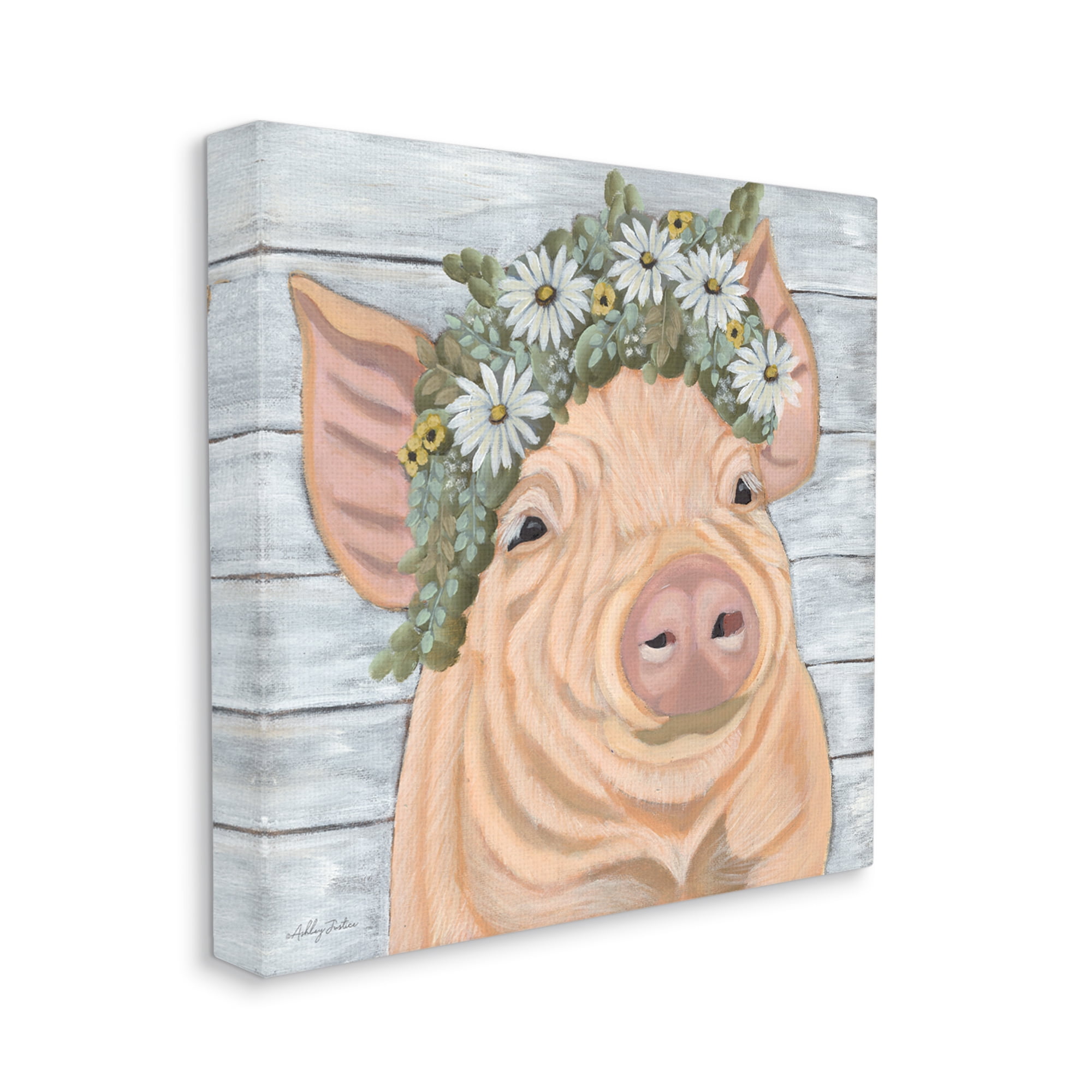 Stupell Happy Pig Daisy Blossom Crown Animals & Insects Painting Gallery Wrapped Canvas Print Wall Art