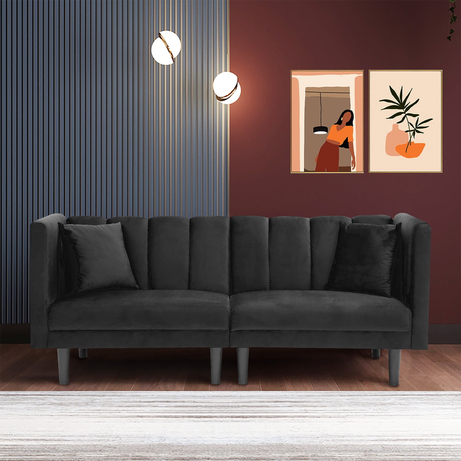 Kadyn Futon Sofa, Fabric Futon Sofa Bed with 2 Pillows, Modern Convertible Futon Sofa for Small Rooms, Black Kadyn Futon Sofa, Fabric Futon Sofa Bed with 2 Pillows, Modern Convertible Futon Sofa for Small Rooms, Black