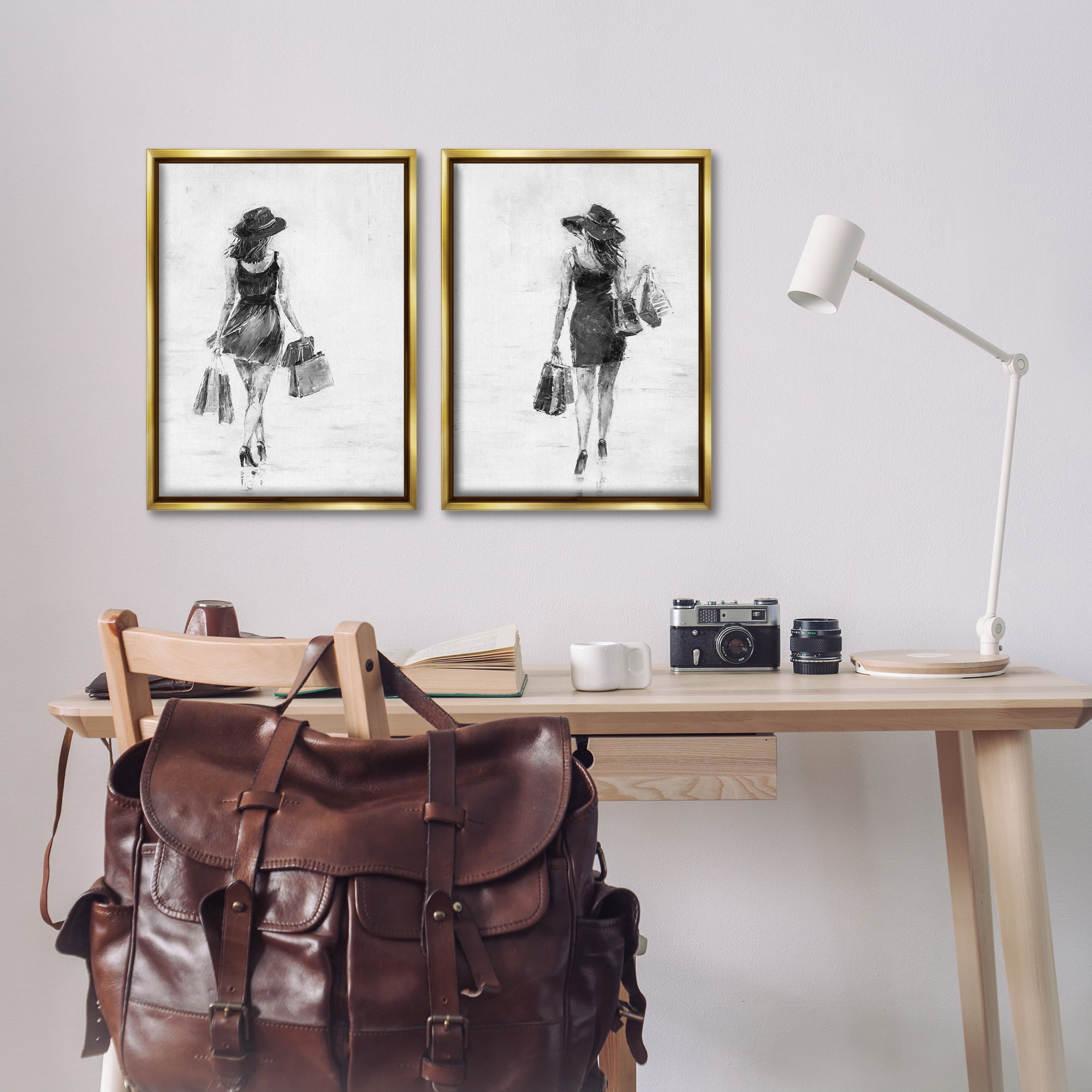 Stupell Industries Female Figures Shopping Bags People Painting Gold Floater Framed Canvas Art Print Wall Art, 17 x 25, Set of 2