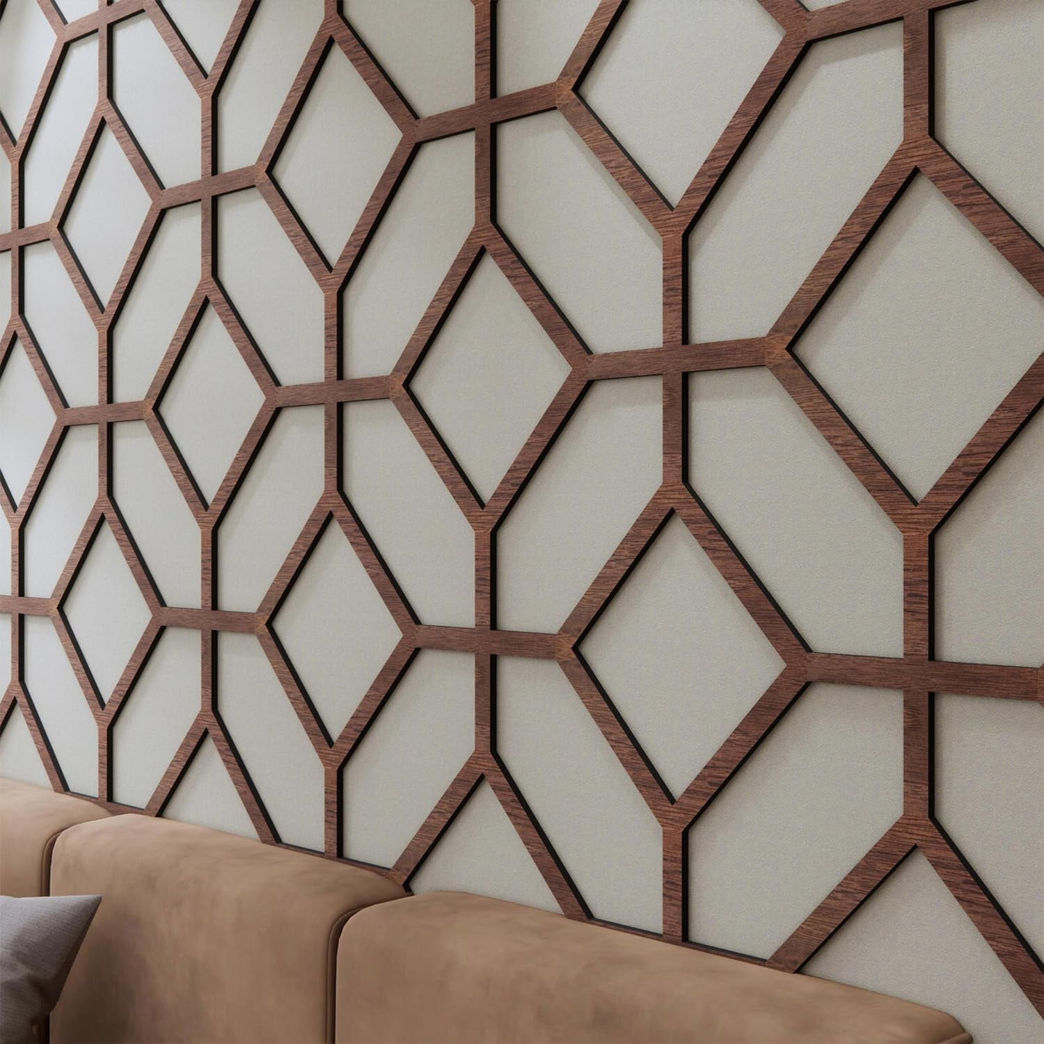 Decorative Modular Fretwork 3D Wall Panels Cross Grid Walnut