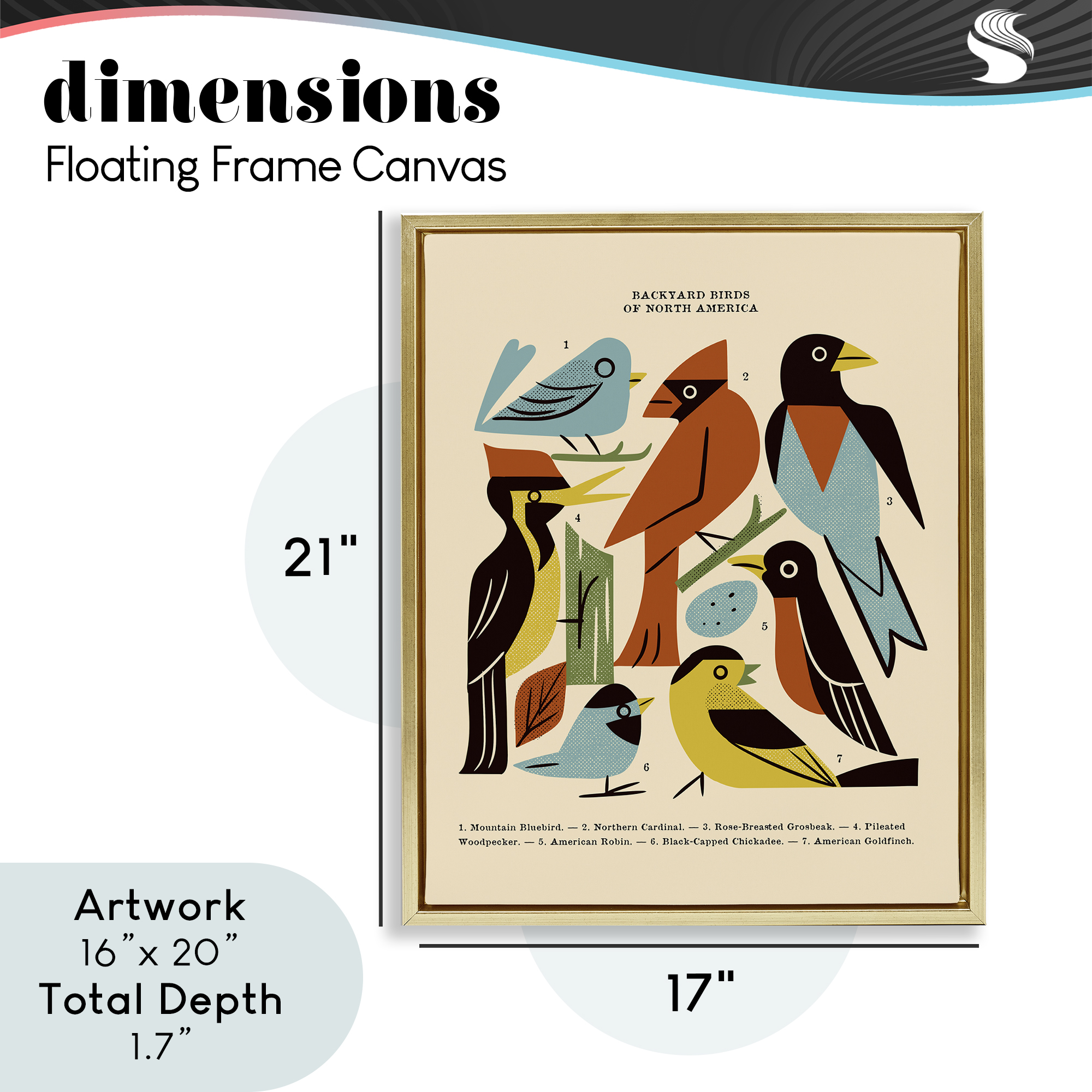 Backyard Birds Midcentury Modern Gold Framed Floater Canvas Wall Art, design by Renea L. Thull